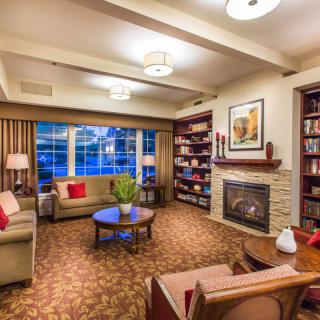 A cozy living room with comfortable seating, a fireplace, and bookshelves.