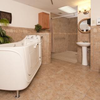 An accessible bathroom featuring a walk-in bathtub and tiled shower area.