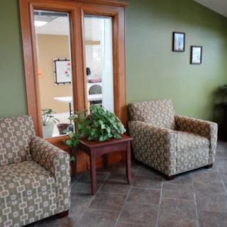 A cozy waiting area features patterned armchairs, a small wooden table with an indoor plant, and wall art on a green-painted wall.