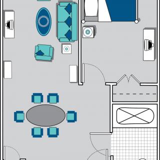 A detailed floor plan showcasing the layout of an apartment with a living room, bedroom, dining area, and furniture arrangement.