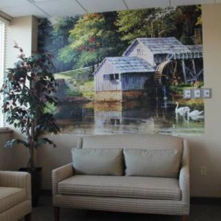 A cozy office waiting room features a mural of a serene nature scene with a watermill, along with comfortable seating and an indoor plant.