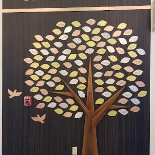 A decorative wall art featuring a tree with colorful leaves and birds.