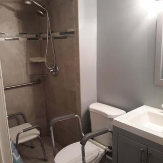 An accessible bathroom with a toilet, sink, and shower equipped with handrails.