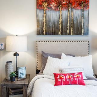 A cozy bedroom with a decorative painting and colorful cushion on the bed.