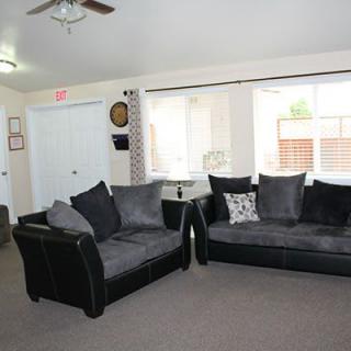 A cozy living room with two dark-colored sofas and large windows.