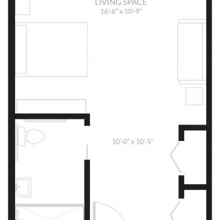 A simple floor plan showing the layout of a living space with dimensions.