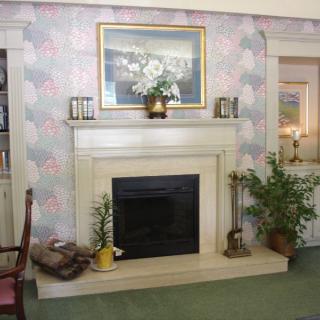 A cozy living room with a decorative fireplace, adorned with plants and artwork.
