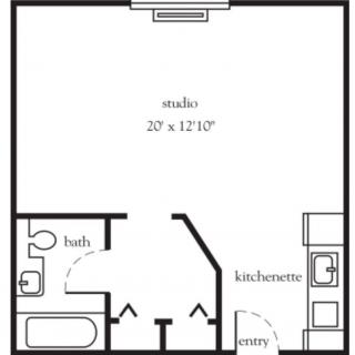 Floor plan of a studio apartment with bath and kitchen areas.