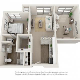 A 3D rendering of a one-bedroom apartment layout featuring a living room, kitchen, and bathroom.