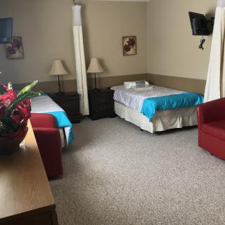 A hospital room with two beds, a curtain divider, and a television mounted on the wall.