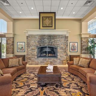 A cozy living room with a central stone fireplace, flanked by two comfortable sofas and a decorative carpet.