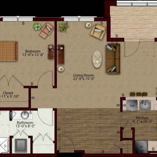A detailed floor plan of an apartment including a living room, kitchen, bedroom, and bathroom.