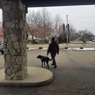 A man walks his dog outside on a chilly day.