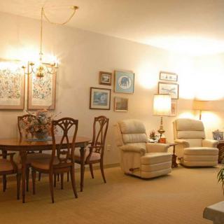 A cozy living room with a dining area, featuring comfortable seating and elegant decor.