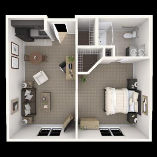 A 3D floor plan of a one-bedroom apartment with a living area, kitchen, and bathroom.