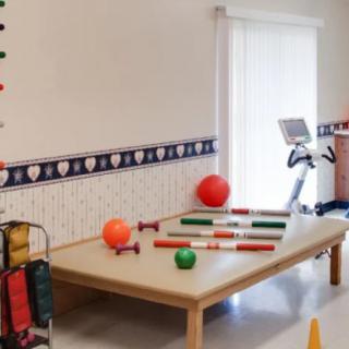 A physical therapy room equipped with exercise tools and rehabilitation equipment.