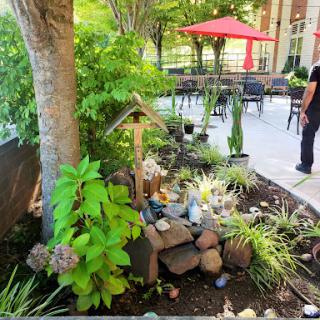 A serene garden area featuring greenery, decorative rocks, and seating in the background.