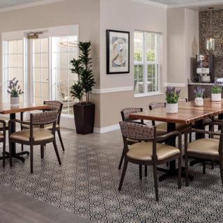 A well-arranged dining area with wooden tables and chairs, complemented by indoor plants and elegant decor.