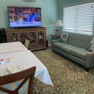 A cozy living room with a television, sofa, dining table, and decorative elements.