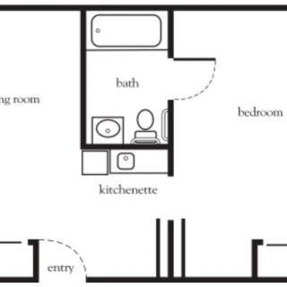Simple floor plan of a small apartment with one bedroom, bath, kitchen area, and living room.