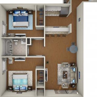 A detailed floor plan of a two-bedroom apartment with an open kitchen and living area.