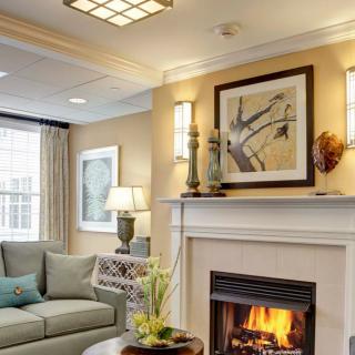 A cozy living room with a fireplace and elegant interior design.