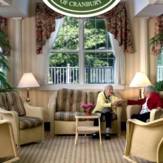 Two seniors sitting in a cozy living room having a conversation.