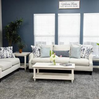 A modern living room with a sofa set and coffee table, decorated with pillows, an indoor plant, and wall art.