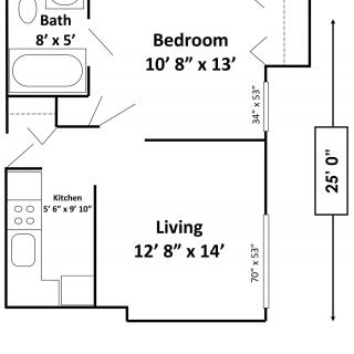 A floor plan showing the layout of a one-bedroom apartment with labeled dimensions and rooms.