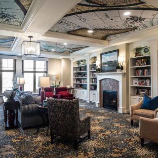 A cozy living room with elegant interior decor, featuring a fireplace and bookshelves.