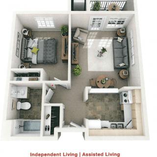 A detailed floor plan of a one-bedroom apartment featuring a living room, kitchen, bathroom, and balcony designed for independent or assisted living.