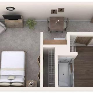 A floor plan of a studio apartment featuring a combined living and bedroom area with adjacent bathroom.