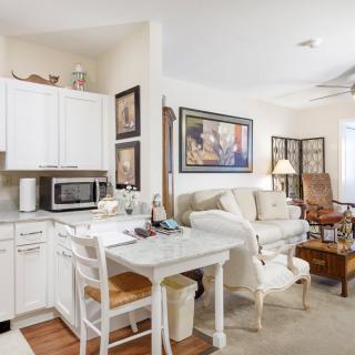 A cozy living area featuring a small kitchen and dining space with warm decor.