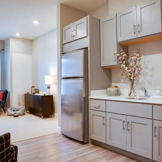 Modern kitchen with sleek cabinetry and stainless steel appliances leading into a cozy living area.