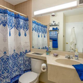 A bathroom featuring a blue and white shower curtain with matching towels.