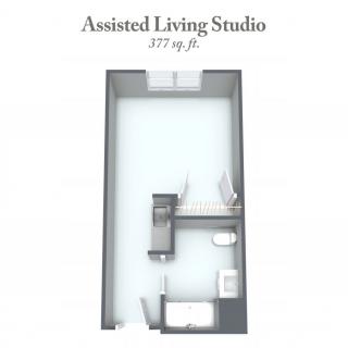 A floor plan of a 377 sq. ft. assisted living studio.