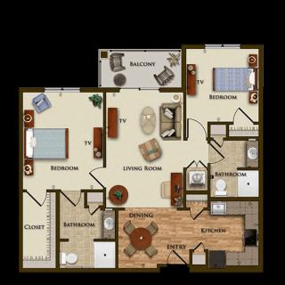 A detailed floor plan of a two-bedroom apartment featuring a living room, kitchen, dining area, and bathroom.