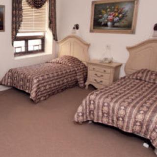 A classic style bedroom featuring two single beds with matching bedspreads, a nightstand between them, and a painting on the wall.
