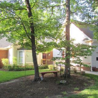 A charming house surrounded by lush trees with a cozy bench in the garden.