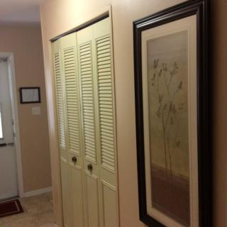 A hallway with a framed painting and closet doors.