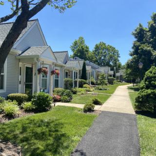 A serene suburban neighborhood with charming houses and well-maintained landscaping on a sunny day.