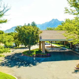 A hotel entrance with a driveway surrounded by trees and mountains in the background on a sunny day.