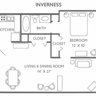 A detailed floor plan of a one-bedroom apartment labeled 'Inverness', featuring a kitchen, living and dining area, bathroom, and closets.