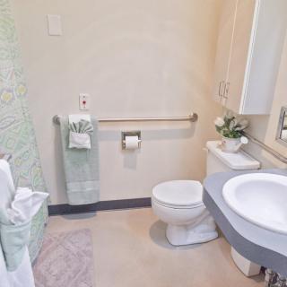 A clean and well-organized bathroom with a toilet, sink, and shower area.