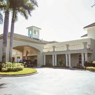 A sunny view of a building entrance with palm trees lining the driveway.