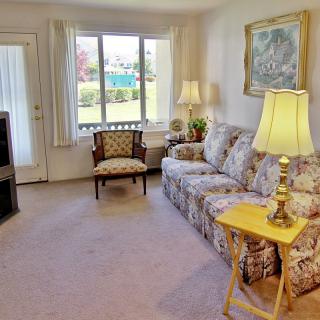 A cozy living room featuring a floral couch, a matching chair, and ample natural light from the window.