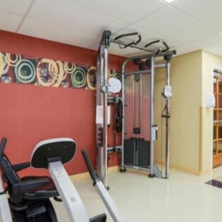A well-equipped gym with various exercise machines and a vibrant interior design.
