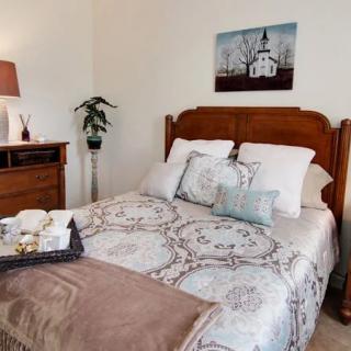 A cozy bedroom with a decorated bed featuring patterned bedding, a wooden headboard, and pillows. A lamp and a plant are placed on a nearby dresser, with artwork hanging above the bed.