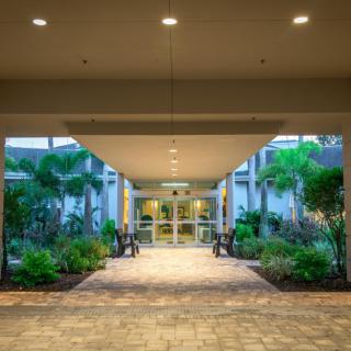 An illuminated entrance corridor with lush greenery on both sides.