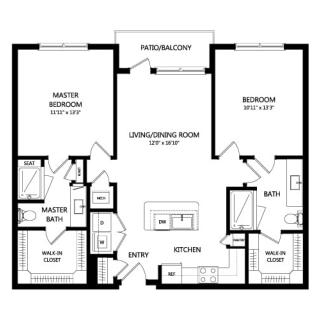 A floor plan of a two-bedroom apartment featuring a living room, kitchen, and two bathrooms.